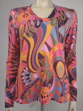 Lesley Evers colorful psychedelic long sleeve blouse top ladies Small